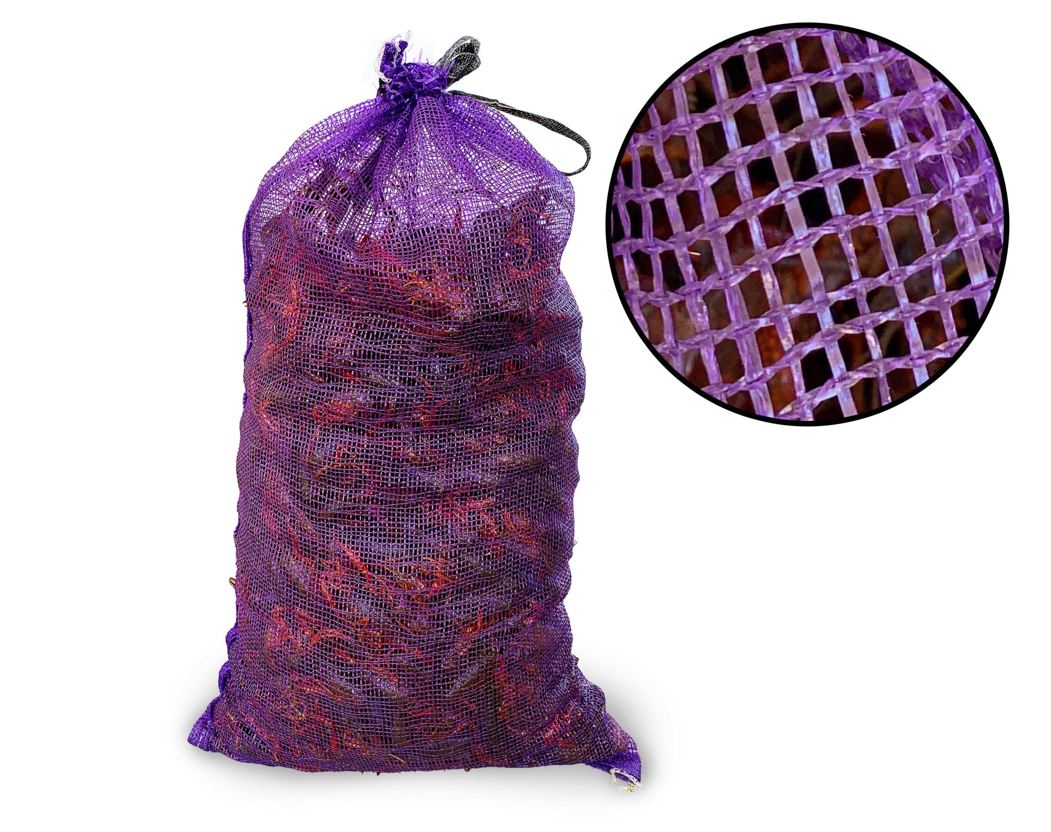 purple crawfish sacks color-coded for grade